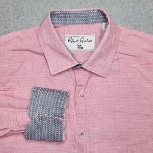 Robert Graham Shirt Mens Medium Pink Linen Blend Classic Fit Geometric Flip Cuff